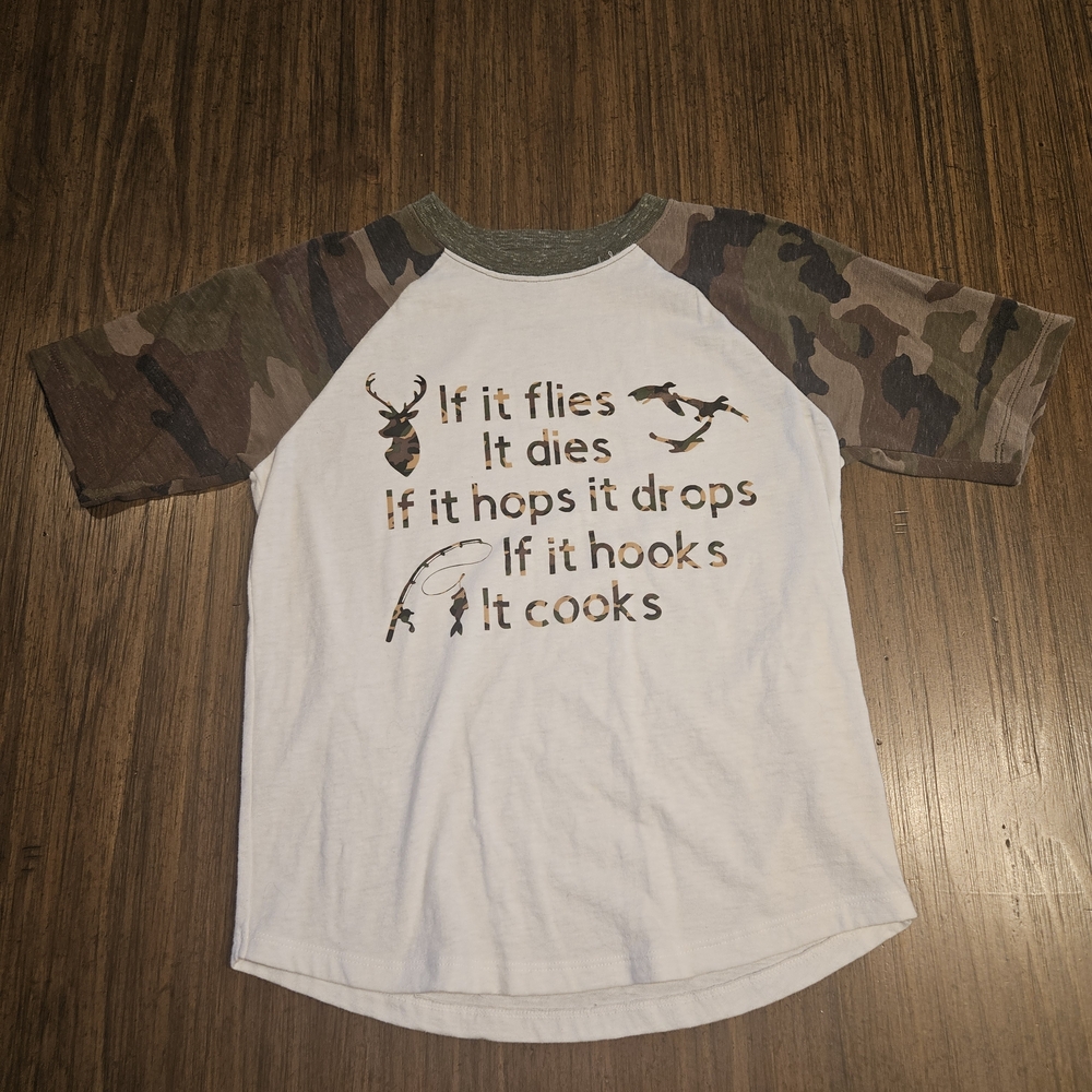 Hand Crafted White Tee with Camouflage Sleeves and Outdoor  Hunting Fishing Sz 8